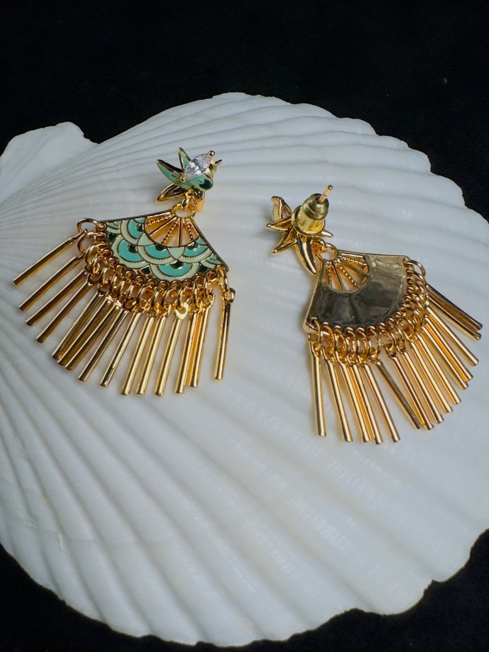 Gold and Mint Fan Tassel Drop Earrings - Women's Jewelry - Picture 5 of 8